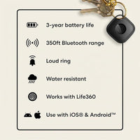 Tile Mate de Life360, rastreador Bluetooth y localizador de llaves, compatible con iOS y Android, paquete de 4, color negro