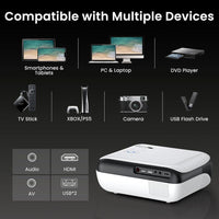 Proyector Mini Bluetooth 1080P Full HD portátil para exteriores, compatible con smartphone, HDMI, USB, AV y PS5