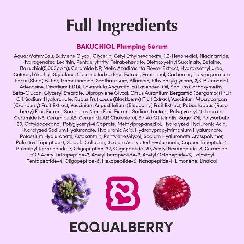 Eqqualberry Suero Facial Plumping Bakuchiol 5000ppm 4% Niacinamida Ácido Hialurónico Piel Sensible 30ml