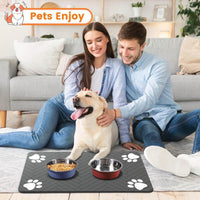 Tapete de alimentación para mascotas, absorbente para comida y agua, base de goma impermeable, gris oscuro a rayas