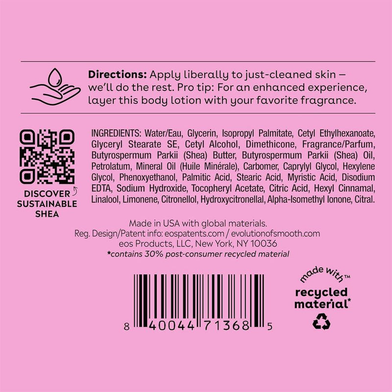 Eos Shea Better Loción corporal de granada frambuesa, cuidado de la piel las 24 horas, ligera y no grasosa, karité natural, vegano