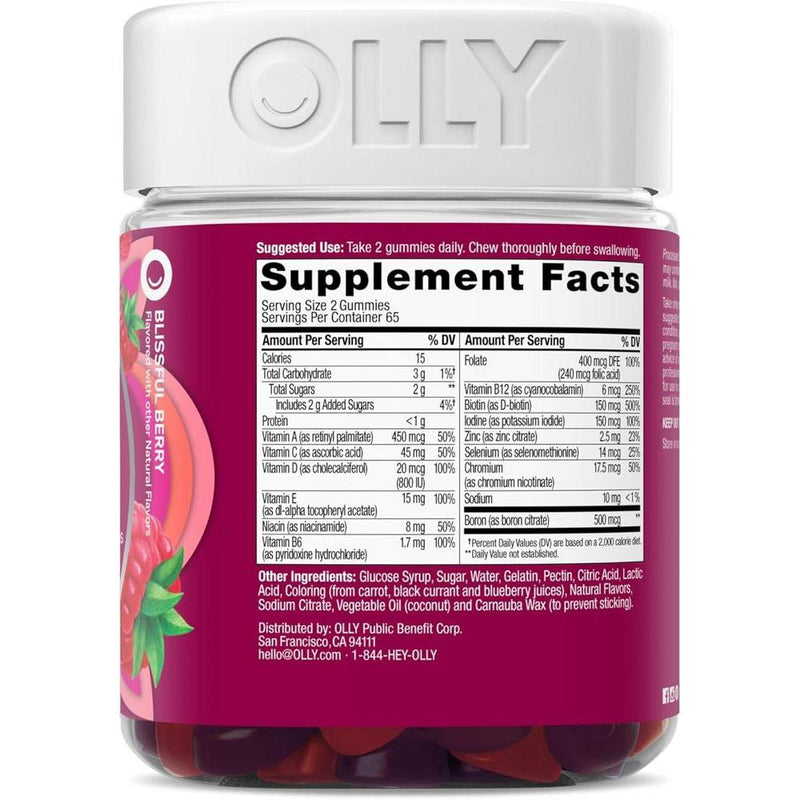 OLLY Multivitaminas para Mujeres, Gummy con Vitaminas A, D, C, E, Biotina, Ácido Fólico, Sabor Berries, 65 Días