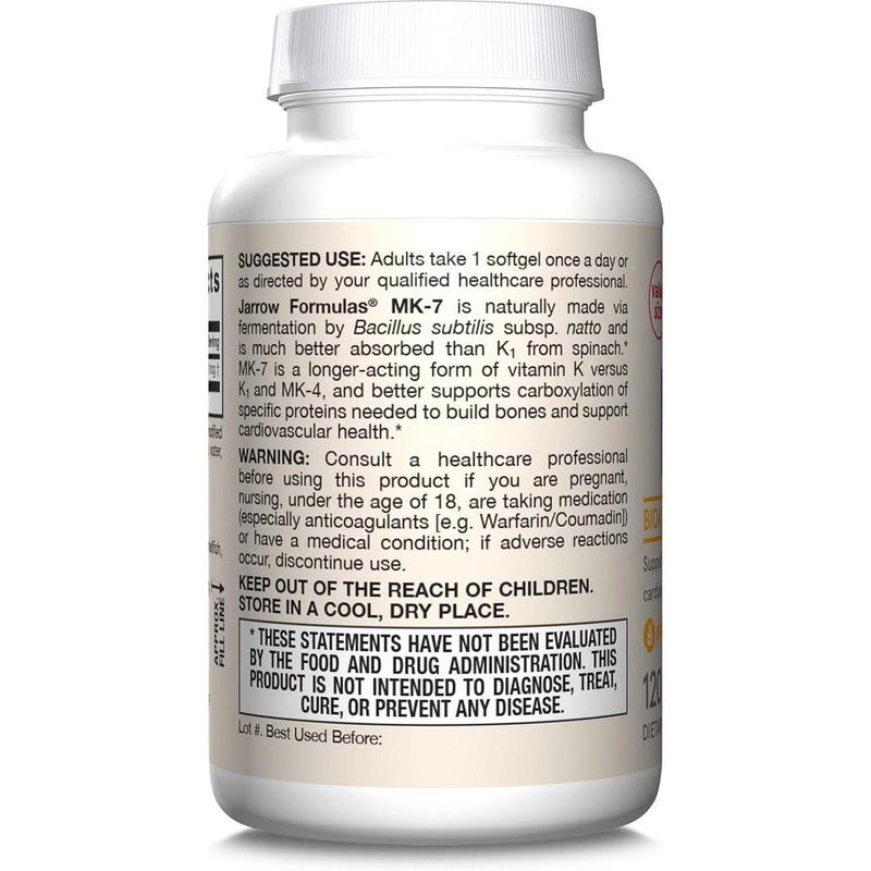 Jarrow Formulas MK-7, suplemento de vitamina K2 MK-7 para salud ósea y cardiovascular. Sin gluten ni alérgenos