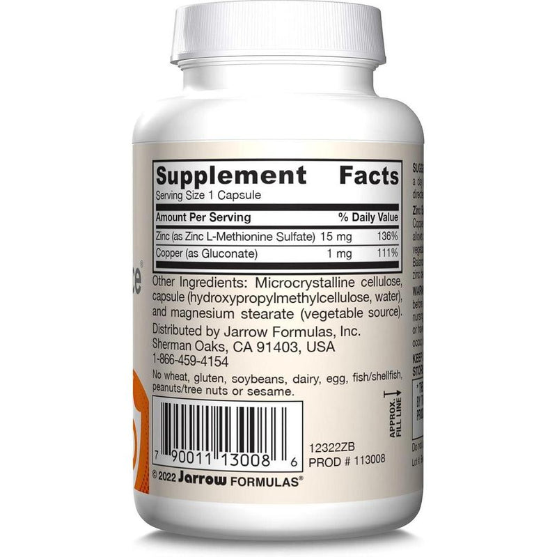 Suplemento Balance de Zinc Jarrow Formulas, con cobre para refuerzo inmunológico, 100 cápsulas, vegano y libre de alérgenos