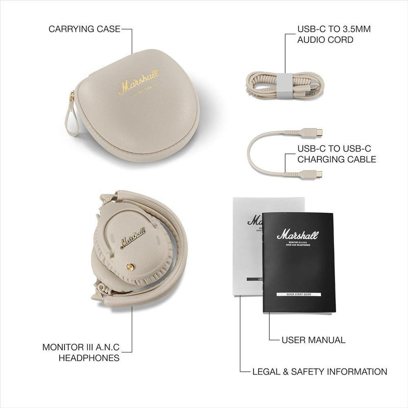 Auriculares Bluetooth Marshall Monitor III A.N.C. con Cancelación Activa de Ruido, Ligero y Plegable, Color Cream