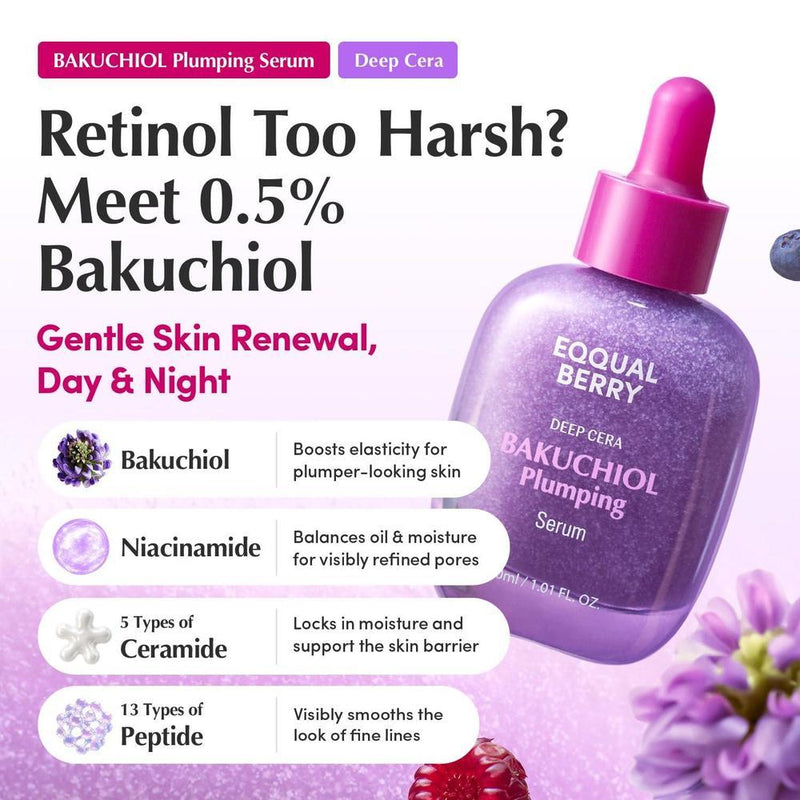 Eqqualberry Suero Facial Plumping Bakuchiol 5000ppm 4% Niacinamida Ácido Hialurónico Piel Sensible 30ml