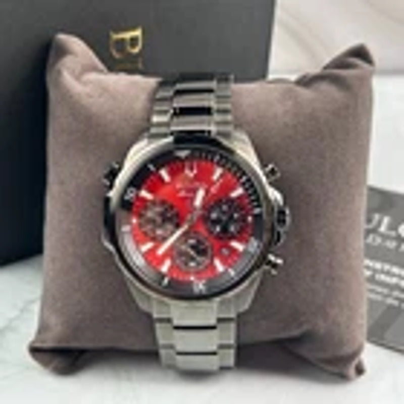 Bulova Marine Star 98B350 Red Dial Gray Band Chronograph Men's Quartz Watch 43MM
