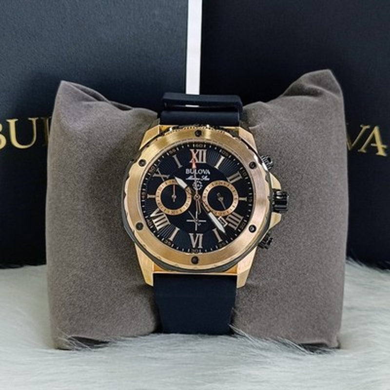 Bulova Marine Star-98B104-Me<wbr/>n Black Rubber Strap Quartz Watch Rose Gold Dial44mm