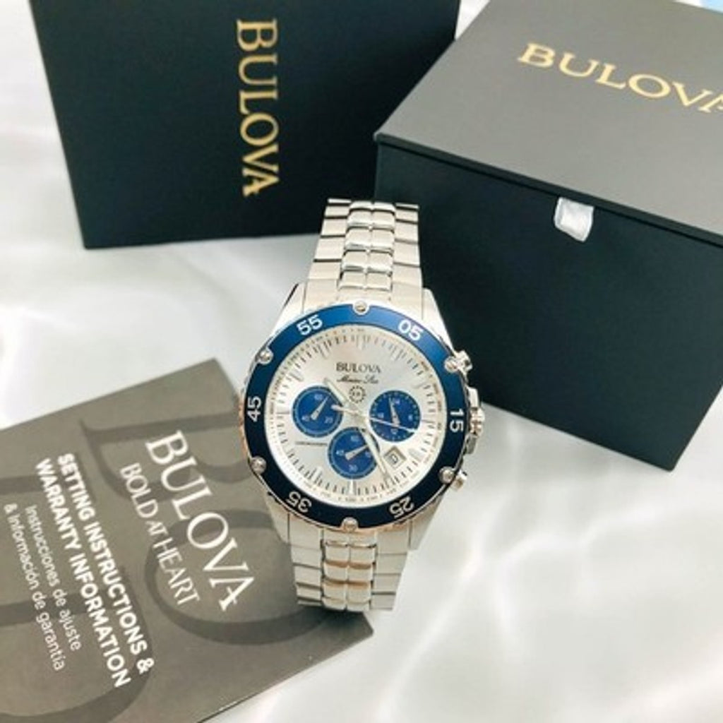 Bulova Marine Star 98B423 Silver Dial Chrono Men's Steel Quartz Watch 41.5mm