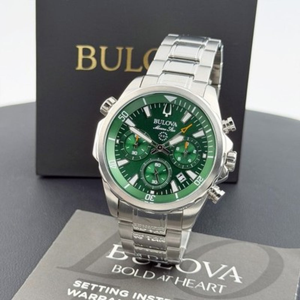 Bulova Men's Bulova Marine Star Green Dial Chronograph 96B396 Quartz New Watch 43mm