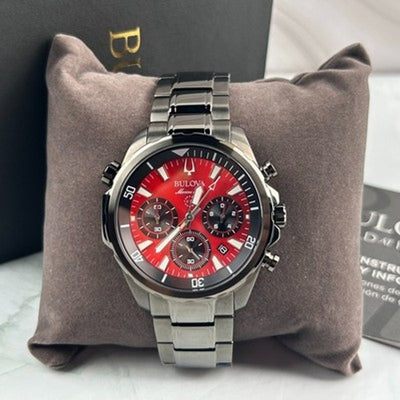 Bulova Marine Star 98B350 Red Dial Gray Band Chronograph Men's Quartz Watch 43MM