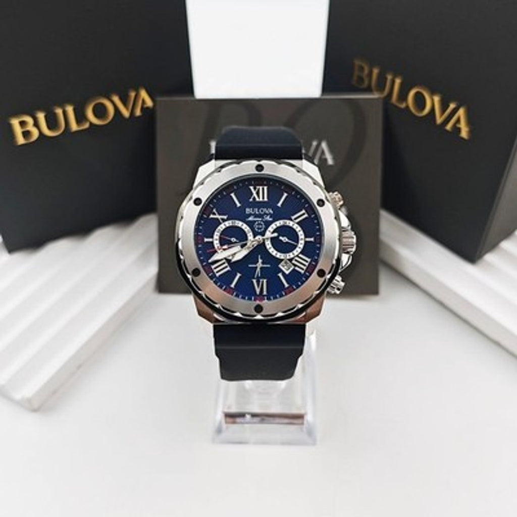 Bulova Marine Star 98B258 Blue Dial Black Rubber Strap Quartz Men's 44mm