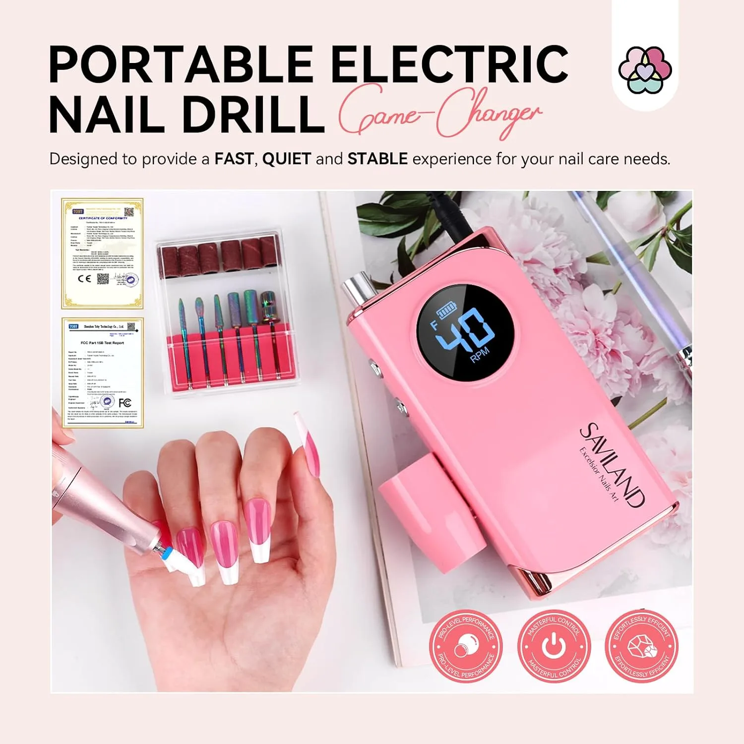 SAVILAND Electric Nail Drill Professional: 40000RPM Pink Rechargeable Portable Electric Nail Filer with 6000mAh Battery, for Shaping, Removing & Polishing Acrylic Nails Home Salon Manicure Gift