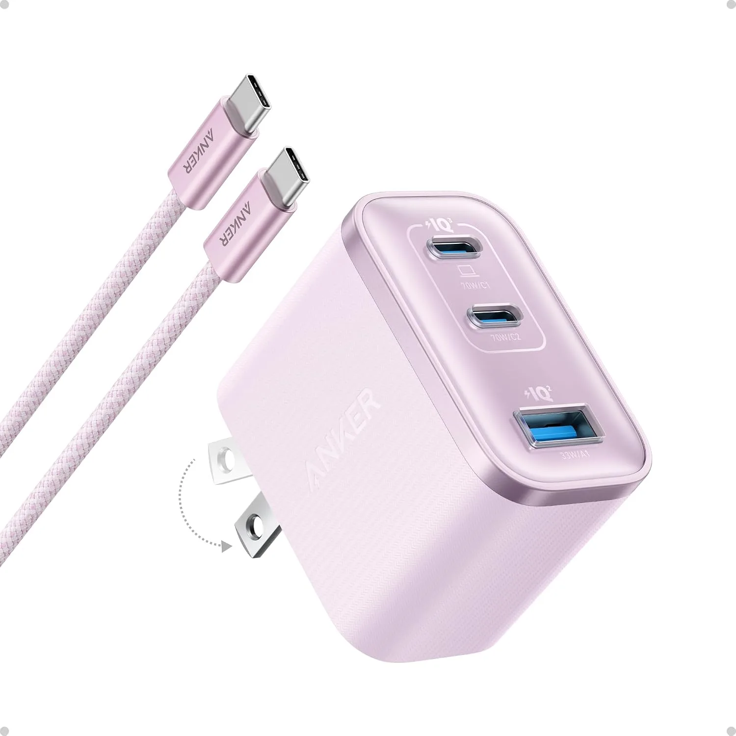 Anker Nano 70W Max 3-Port Fast Charger USB C, Type C Charger Fast Charging