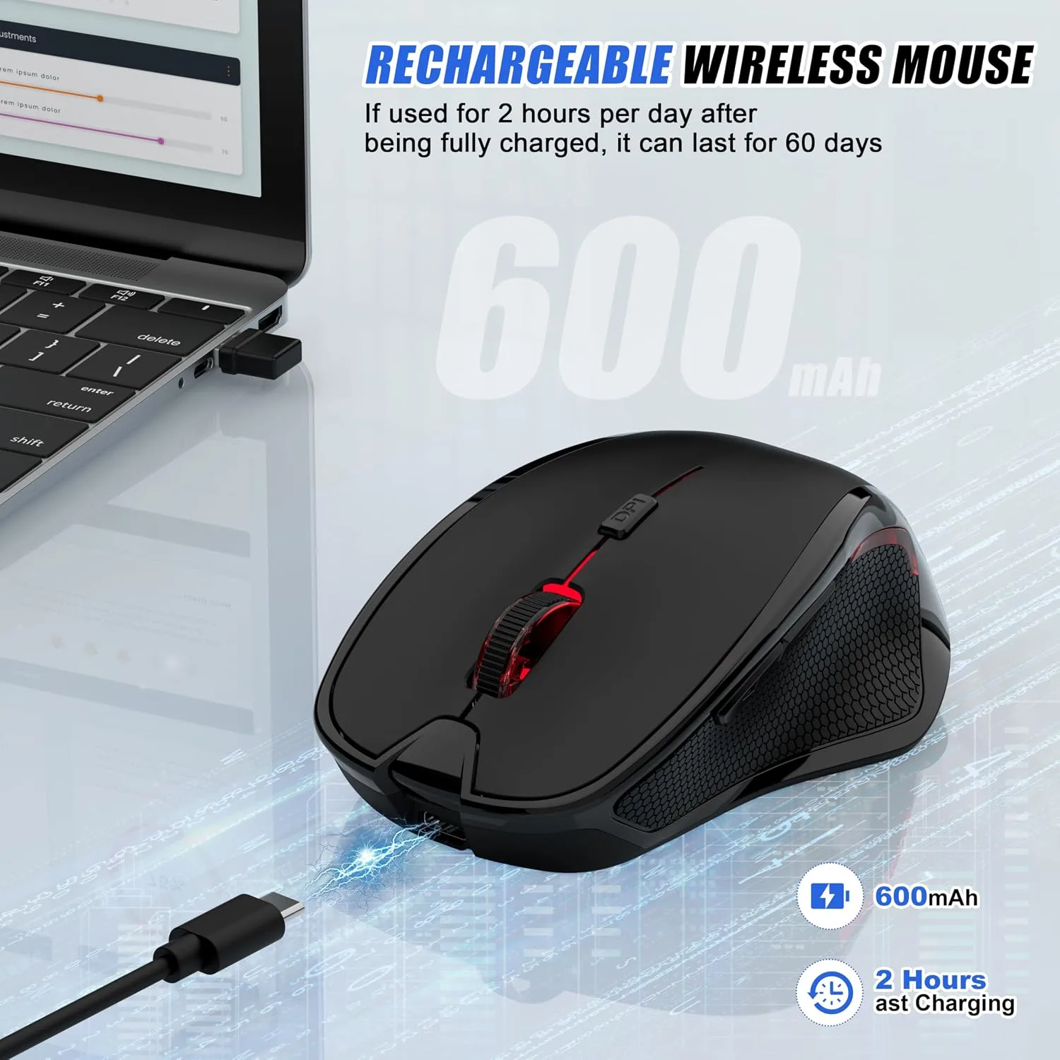 Wireless Bluetooth Mouse for Mac Pro MacBook Air, Rechargeable Mice with Jiggler Mouse, 3 Mode Switch Bluetooth 5.2/3.0 & 2.4G USB-A/USB-C Receiver, Optical Silent Mouse for iPad PC Laptop, Black