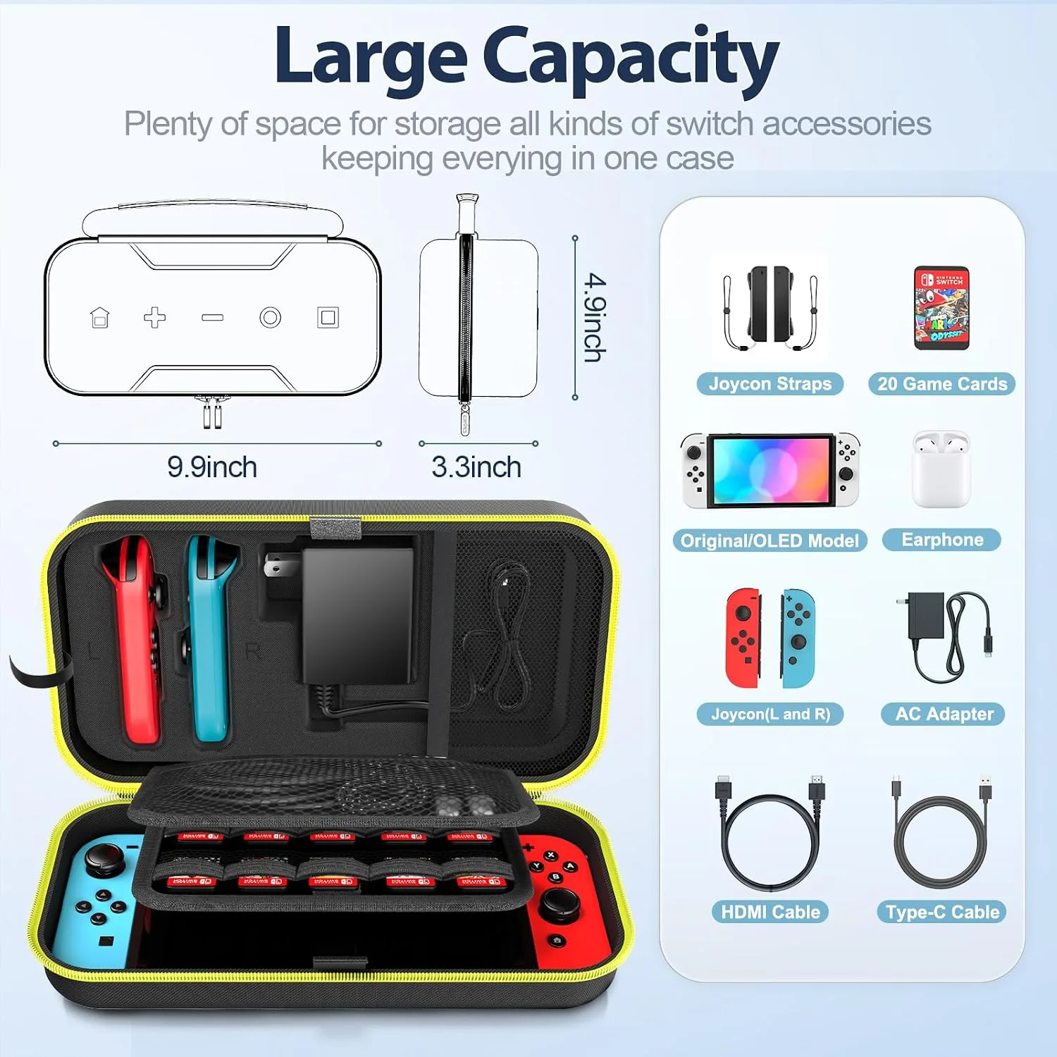 OIVO Switch OLED Carrying Case Compatible with Nintendo Switch & OLED, Portable Switch Travel Carry Case Fit for Joy-Con and Adapter, Hard Shell Protective Switch Pouch Bag with 20 Games, Yellow