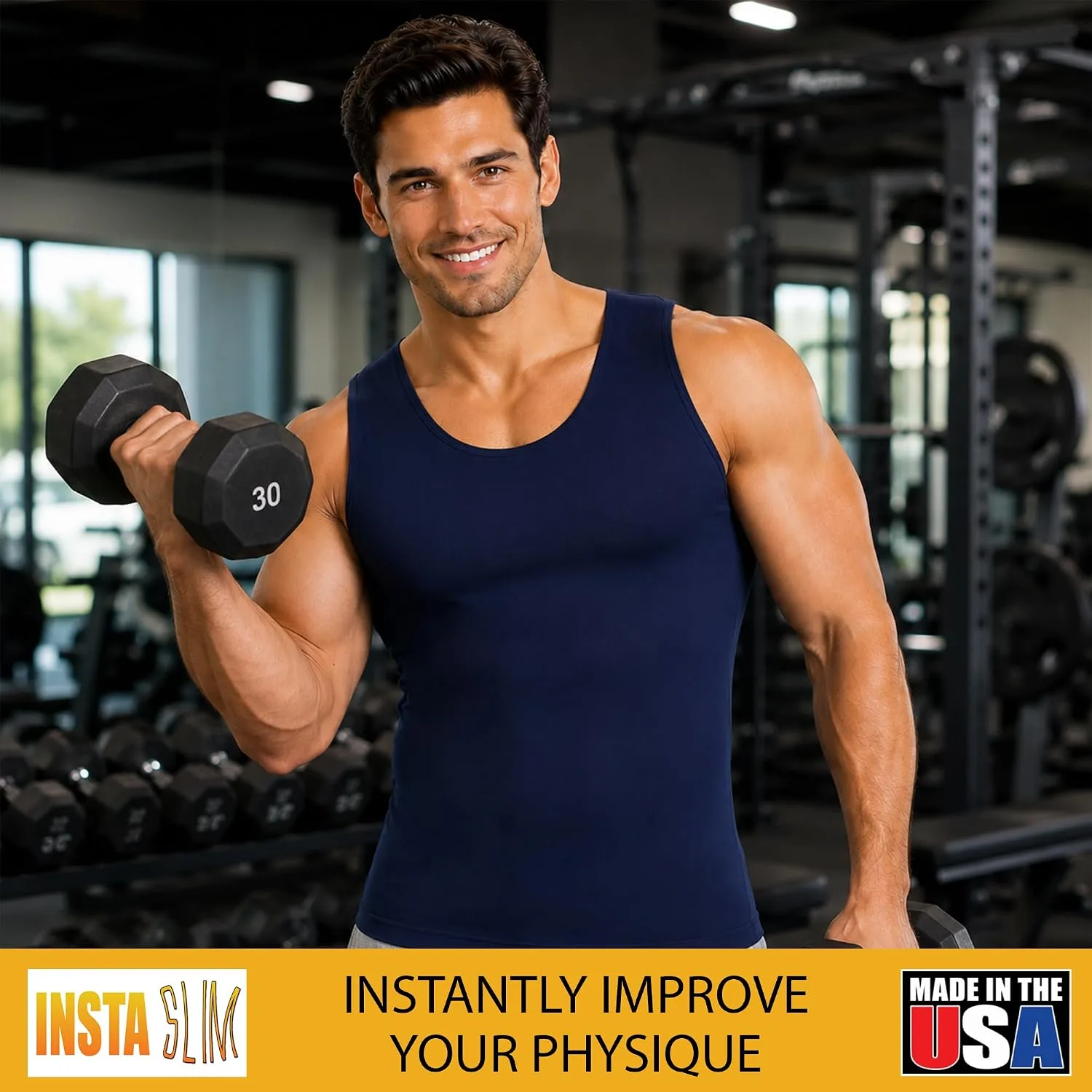 Insta Slim - Made in USA 3 Pack Compression Muscle Tank Body Shapers for Men. Back Support, Slimming Shapewear Undershirt