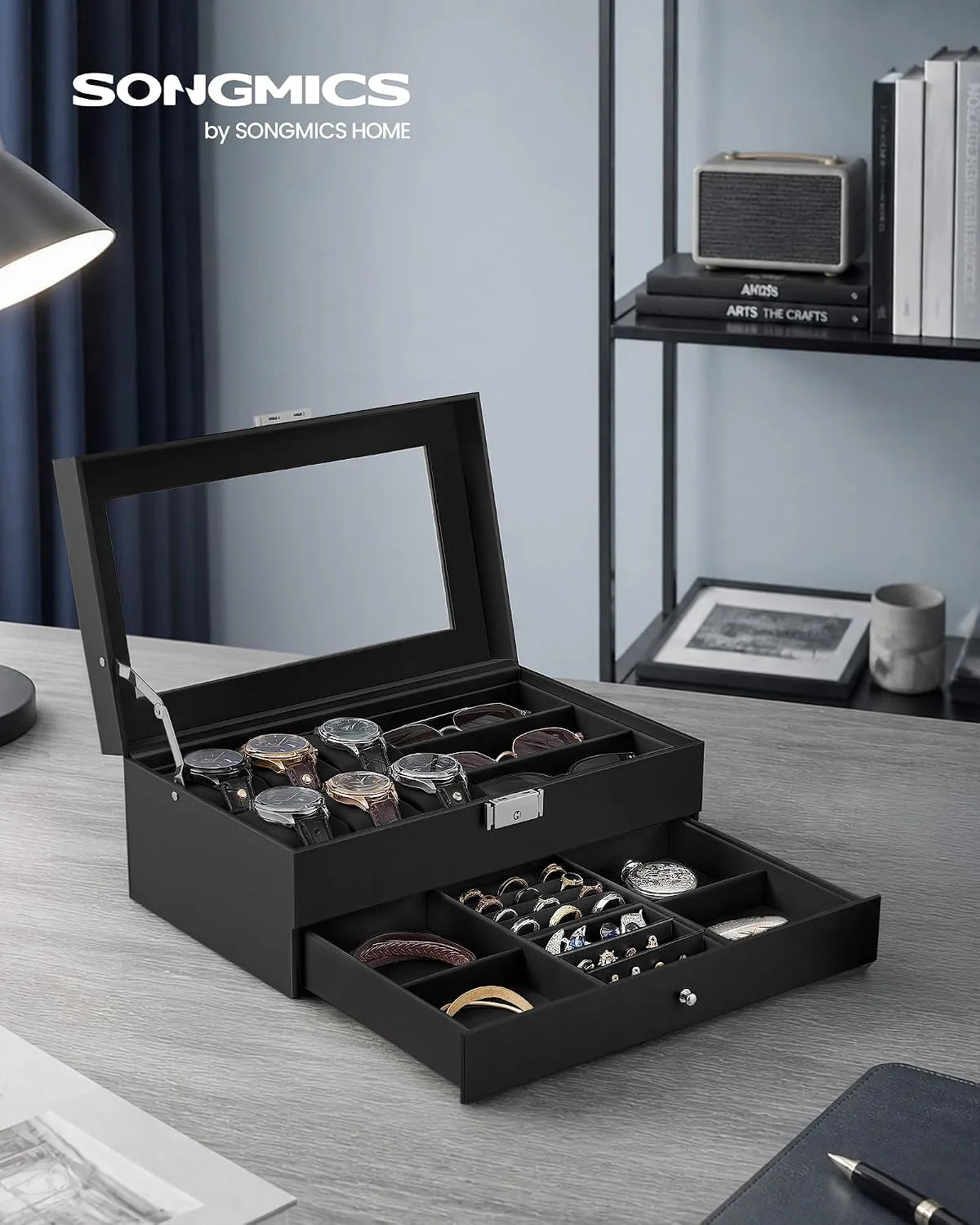 SONGMICS Watch Box for Men, 2-Tier Case with 6 Slots and Glass Lid