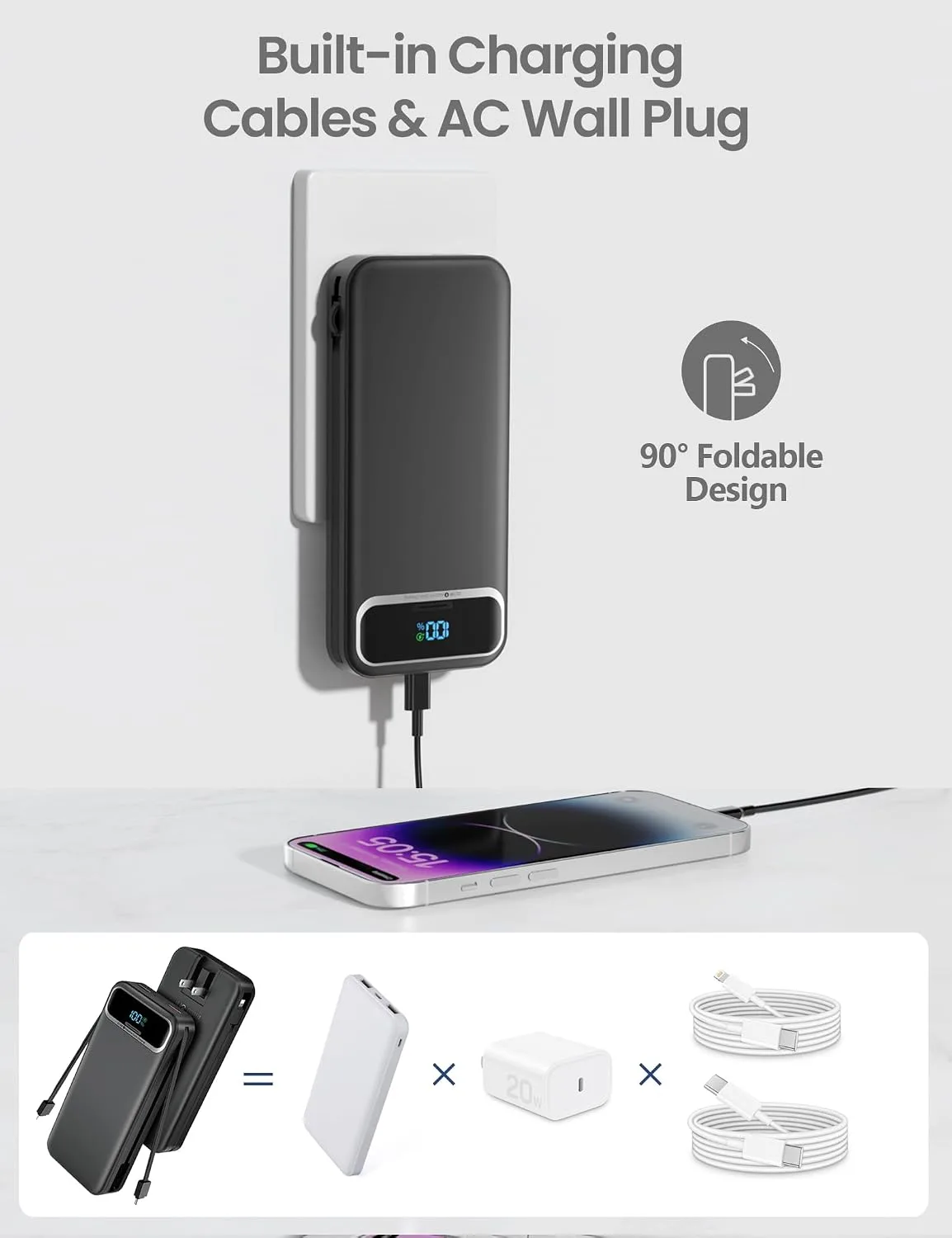 aonidi Portable Charger 12000mAh with Built-in Cables&AC Wall Plug, Black