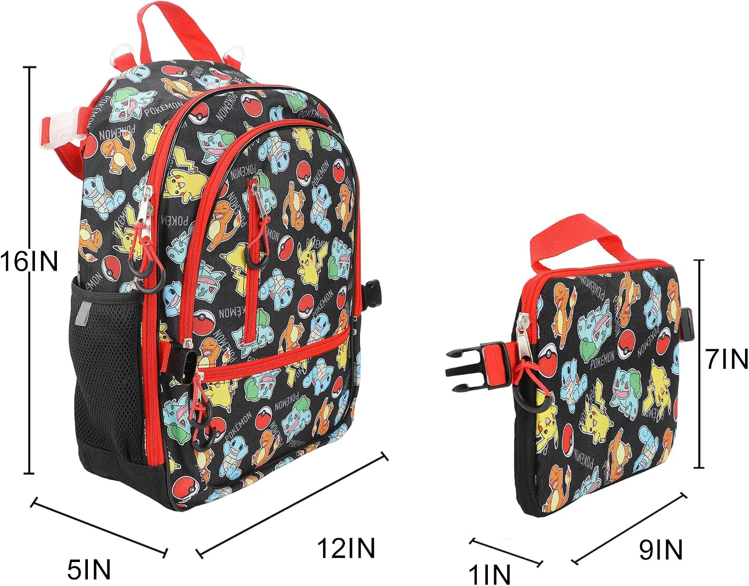 Bioworld Pokemon Starters & Pokeballs All-Over Print 16" Backpack & Lunch Kit Value Set