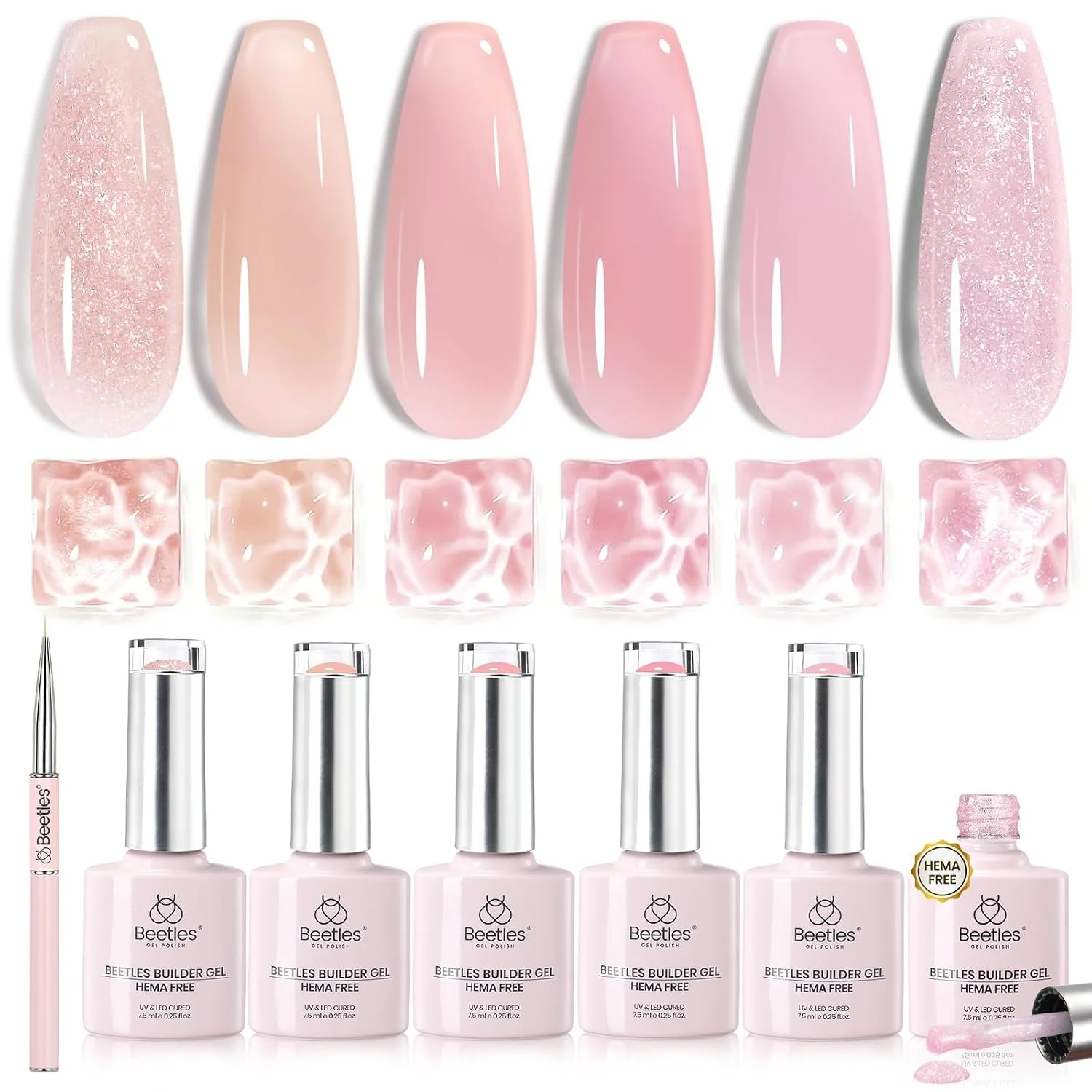 Beetles Builder Gel Kit HEMA & TPO FREE, Muted Bloom 6 Colors & Nail Brush