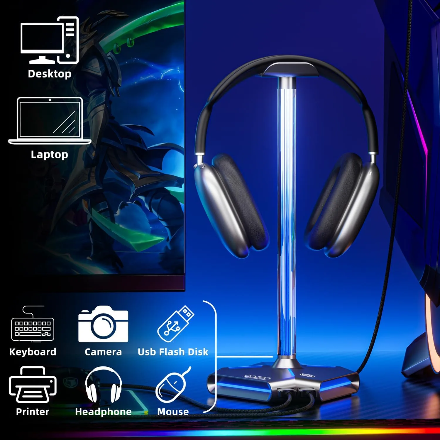 cozoo Desk headset stand Touch RGB Light Stand 4 Color Modes 2 USB Grey
