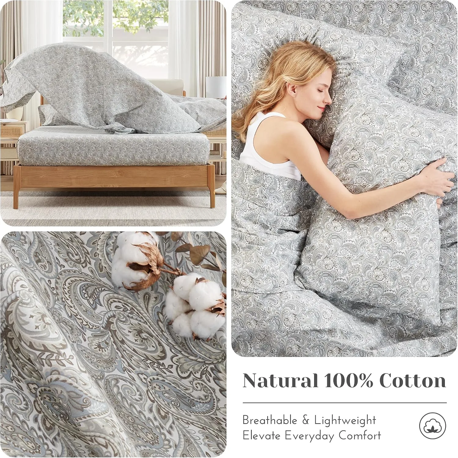 Comfort Spaces 100% Cotton Percale Sheets Queen Size 4 Piece, Paisley Multi