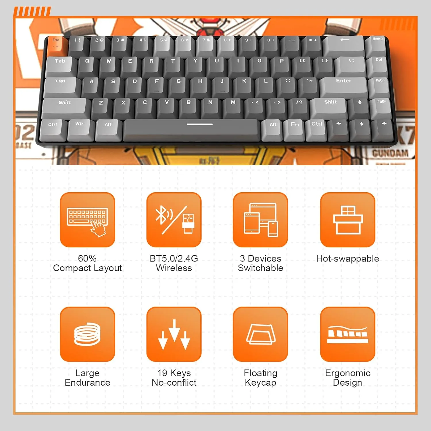 MAGIC-REFINER RK68 Compact 68 Keys Wireless Mechanical Gaming Keyboard