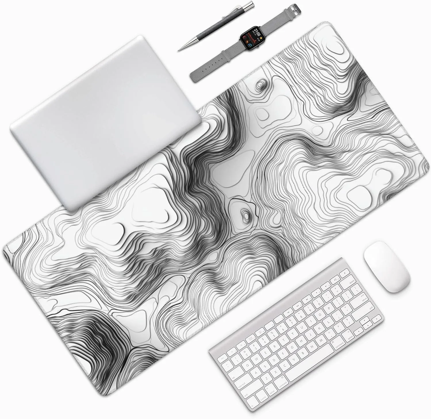 White Topographic Mouse Pad, XXL Extended Gaming Desk Mat, Non-Slip Rubber Base, Stitched Edges, 35.4" x 15.7"