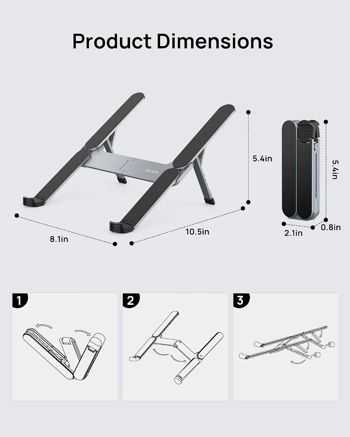 SODI Ultra Compact Foldable Laptop Stand - Portable Laptop Holder for Desk & Travel Use, Adjustable, Ergonomic Aluminum Computer Holder for MacBook, Tablet 10-16" (Plus-Gray, Bi-Fold)