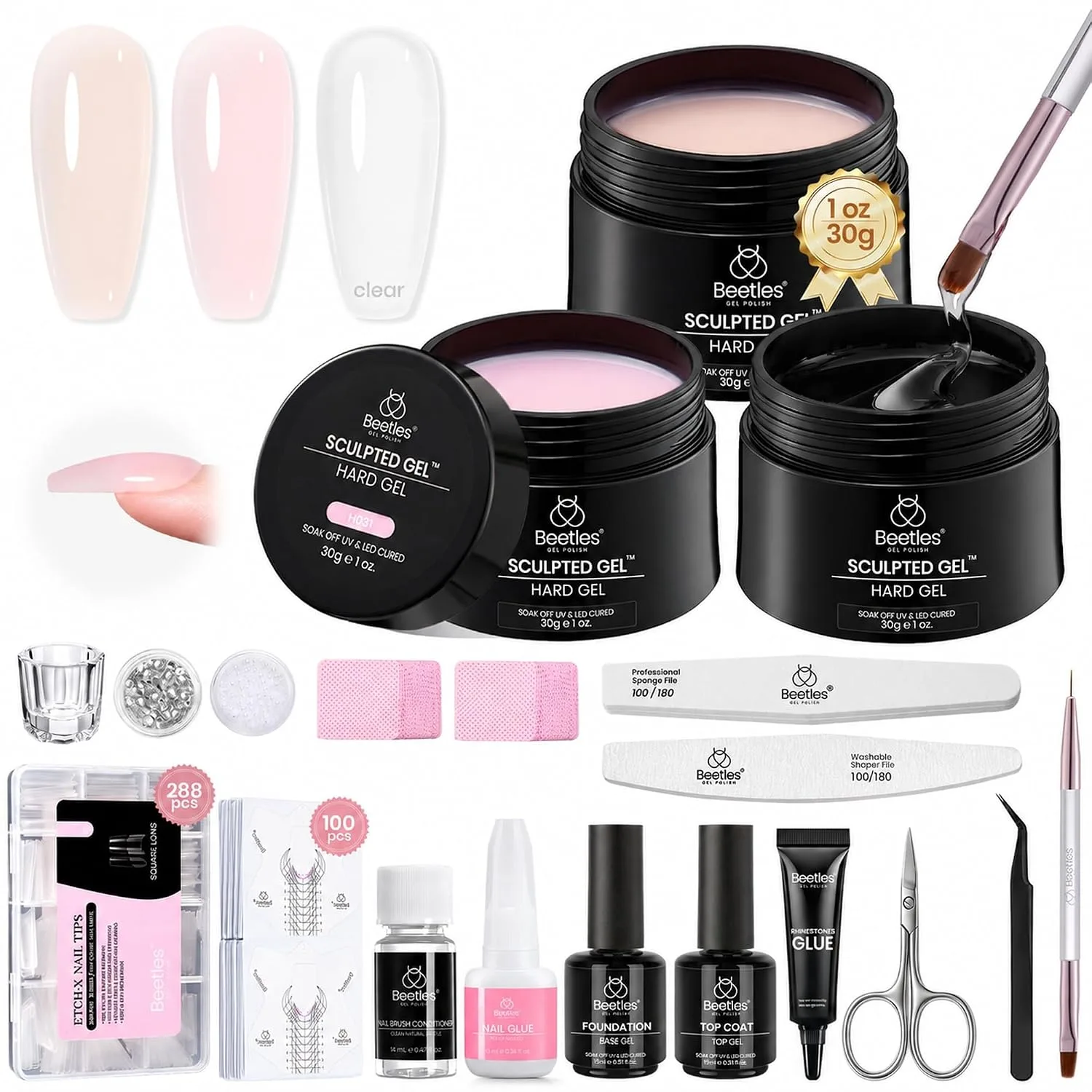 Beetles Hard Gel for Nails Extension Kit, 3 Colors & Half Cover Nail Tips