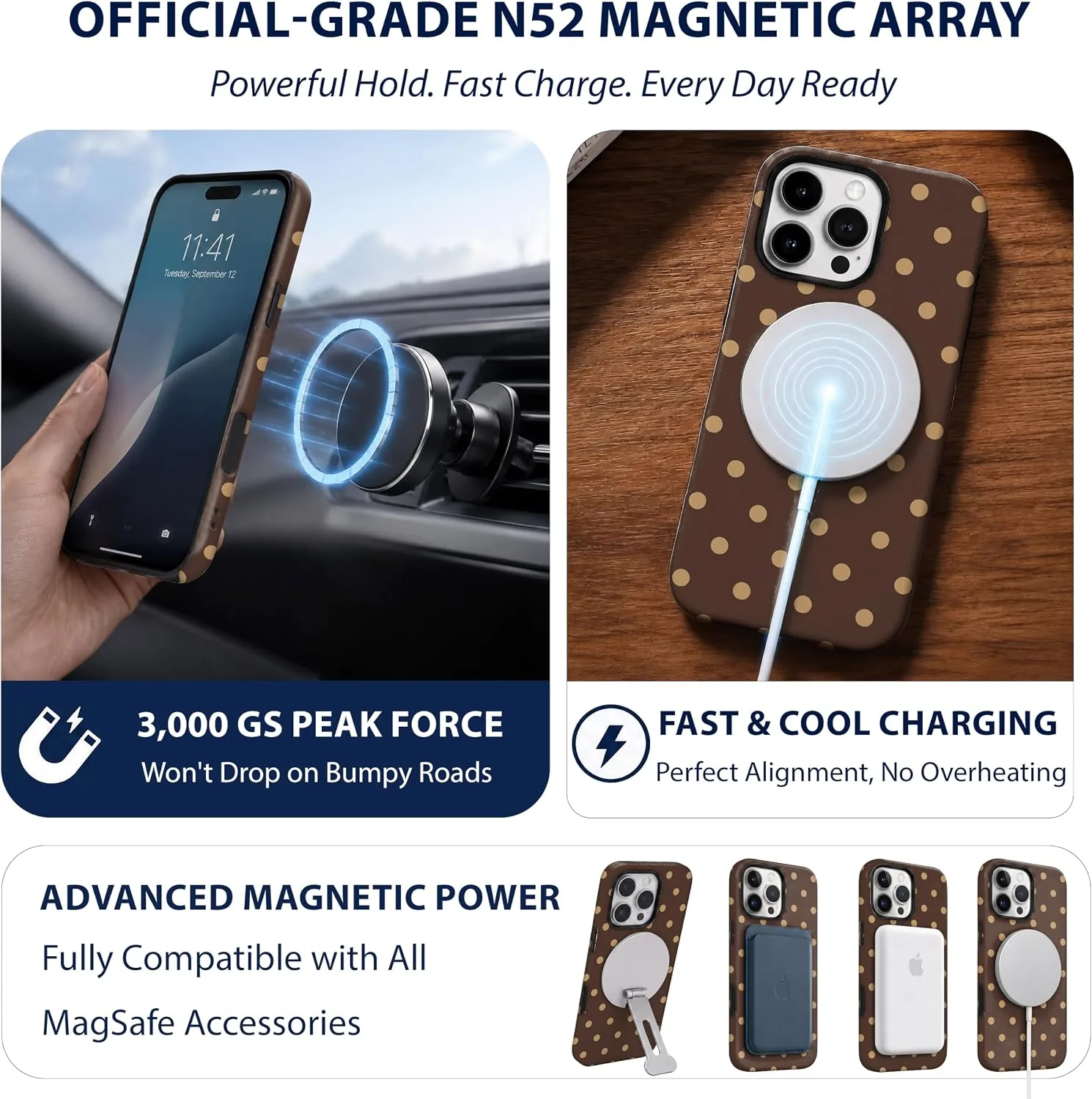 Magnetic for iPhone 16 Pro Phone Case, Brown and Cream Polka Dot