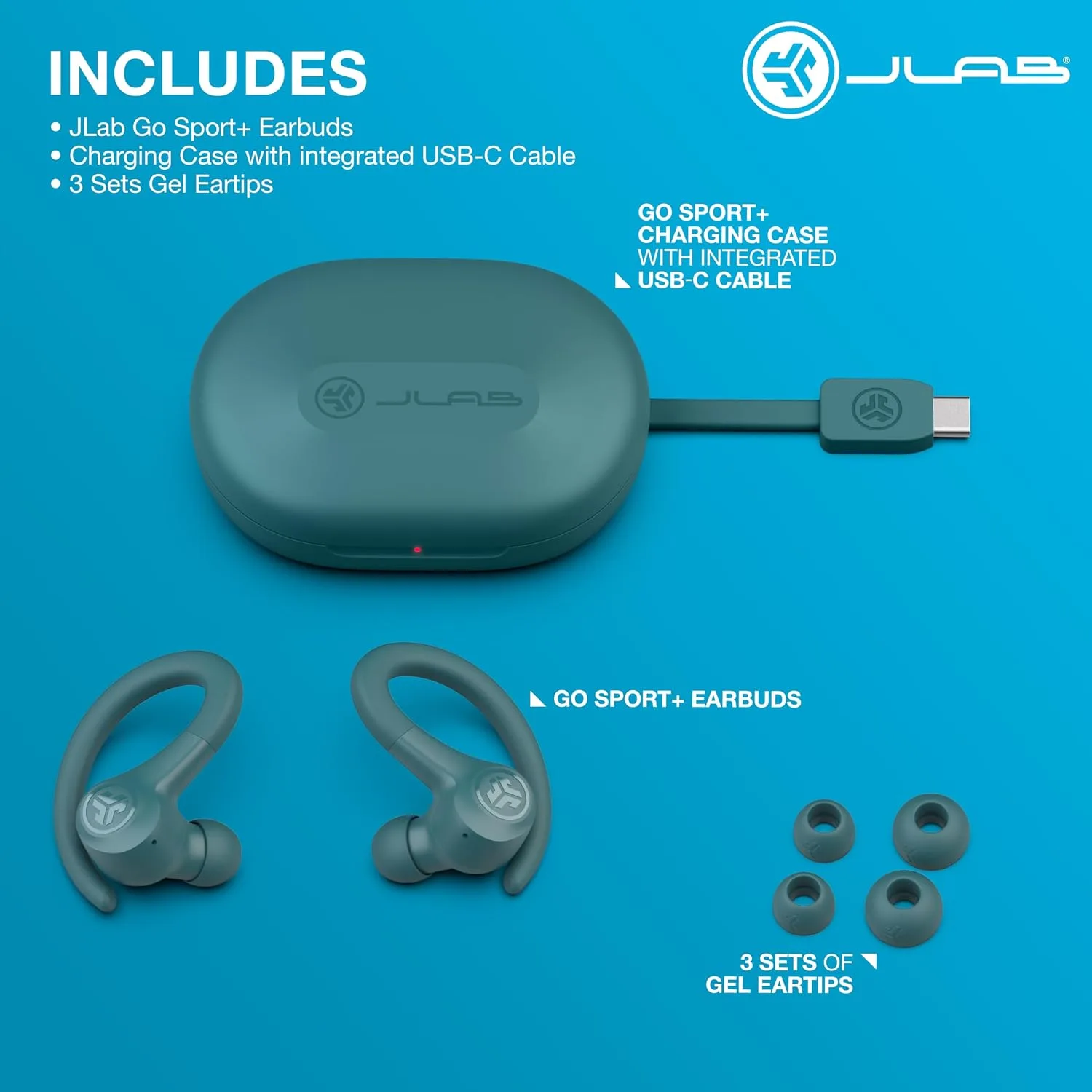 JLab, Go Sport+, True Wireless Workout Earbuds, Bluetooth Sport Earbuds, Clear Calling, Teal