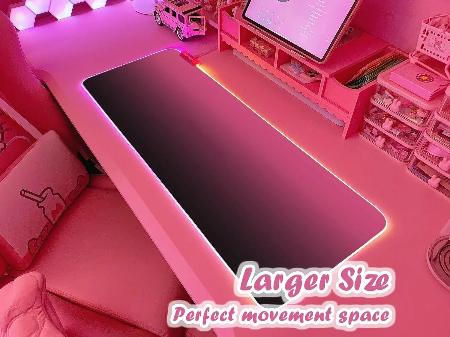 JMIYAV Pink Gaming Mouse Pad RGB Mousepad 31.5x12In Non-Slip Rubber Base Extra Large Cool XL XXL Computer Desk Pad Gaming Accessories Setup LED Light Up Big Mouse Pad for Gamer Black Pink Gradient