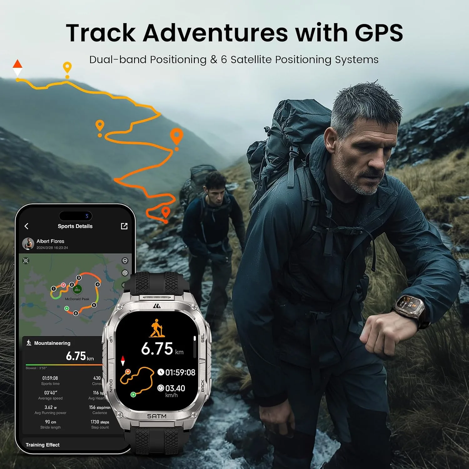 KOSPET Tank M4C Smart Watch with GPS, 5ATM/IP69K Waterproof, LED Flashlight