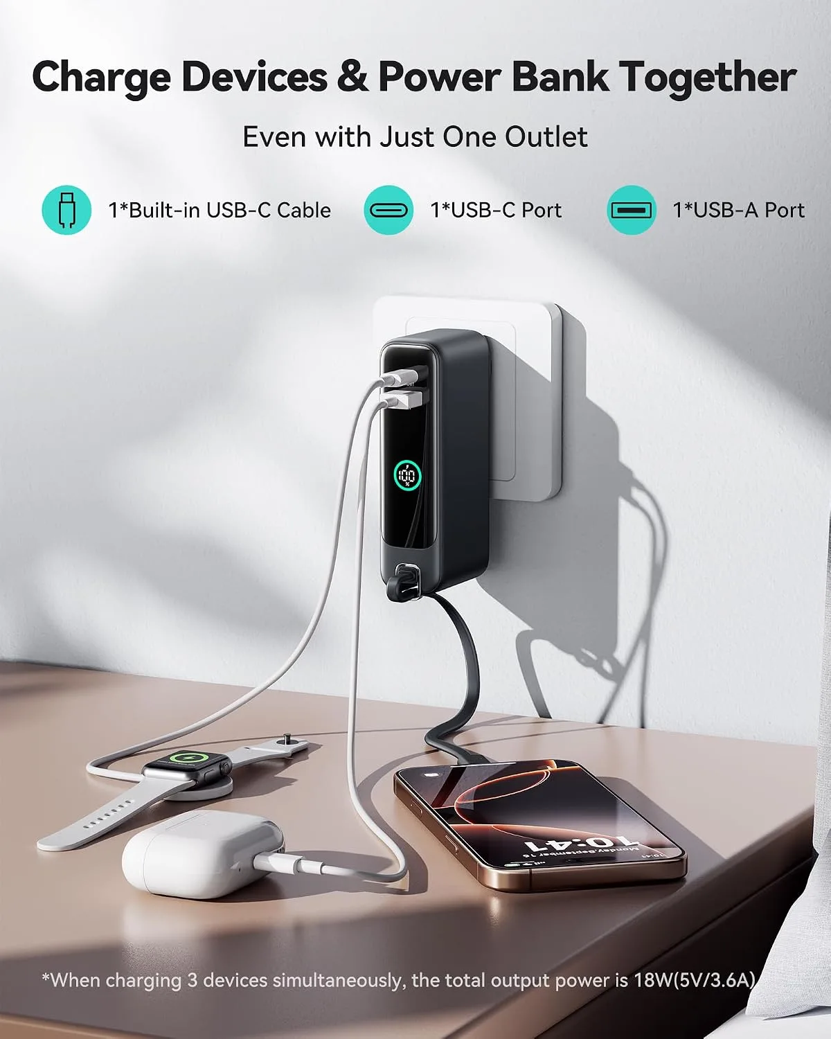 INIU 30W Fast Charging Portable Charger, with Built-in Cable & AC Wall Plug