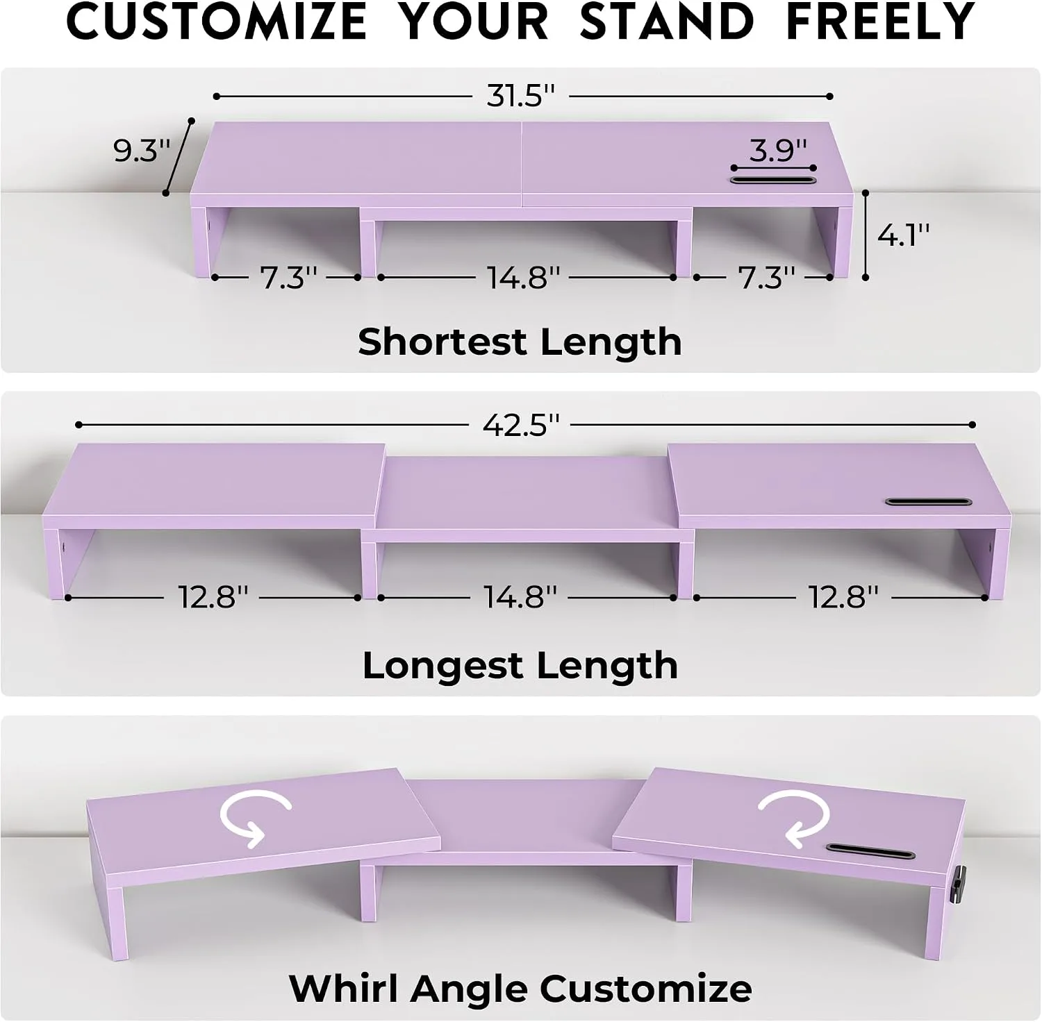 BONTEC Dual Monitor Stand Riser, Adjustable Length & Swivel Angle, Purple