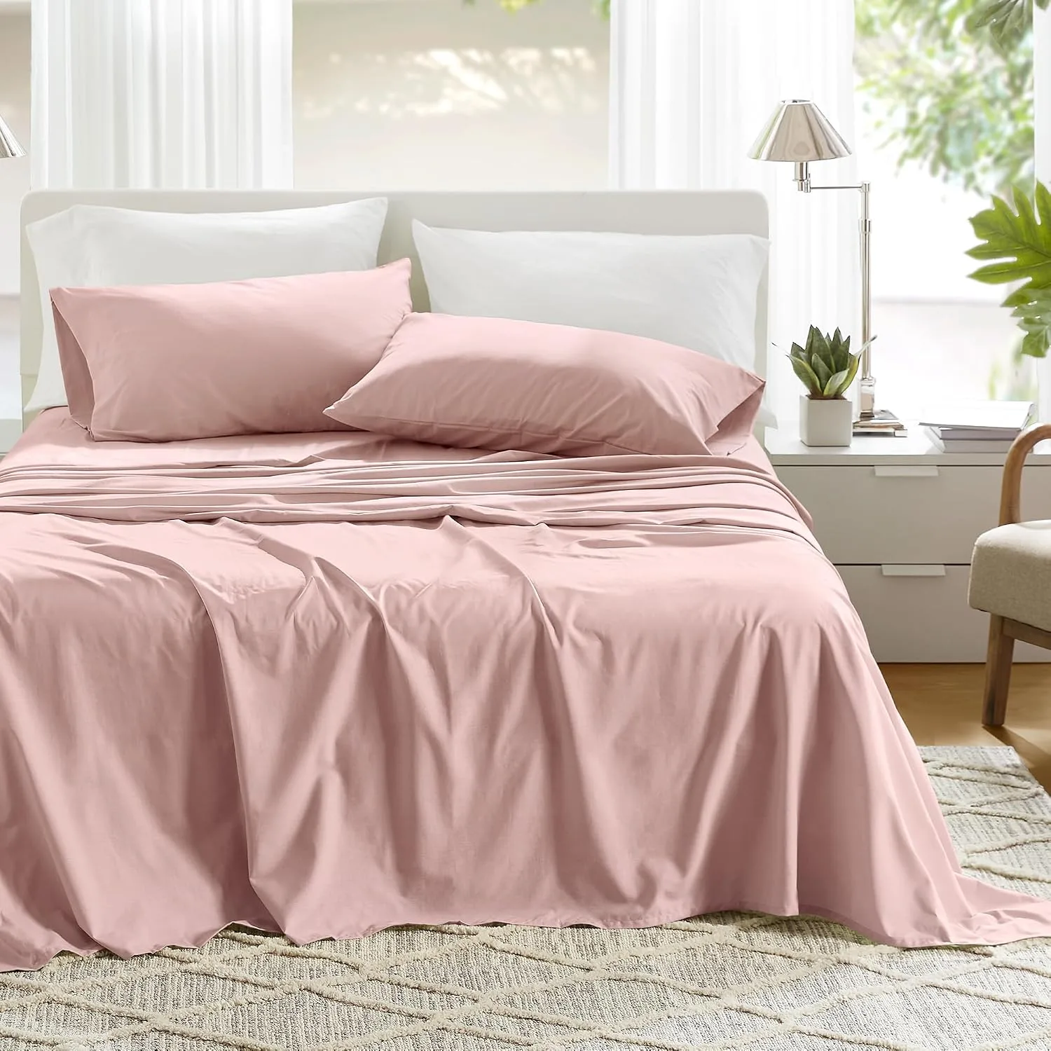 Comfort Spaces 100% Cotton Percale Sheets Queen Sheet Set 4 Pcs, Pink