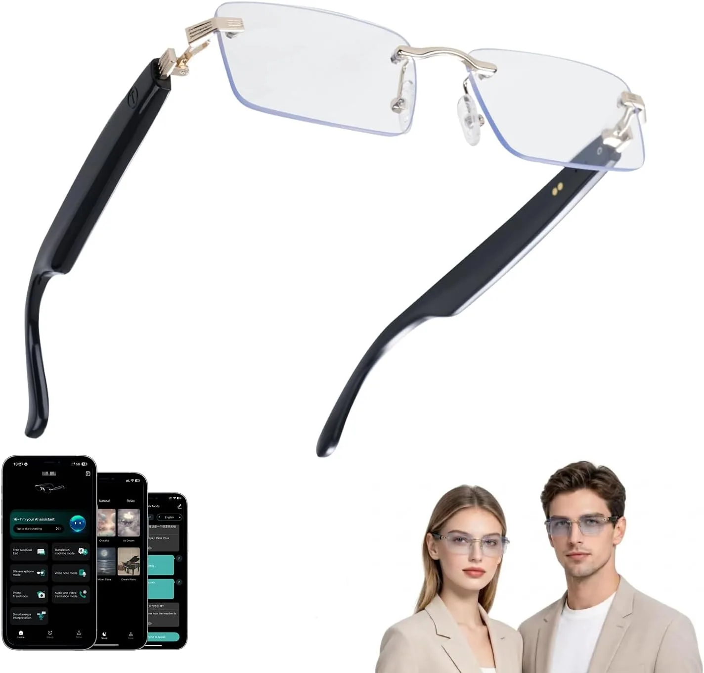 AI Translation Smart Glasses, 164 Languages, Bluetooth Glasses, Gold