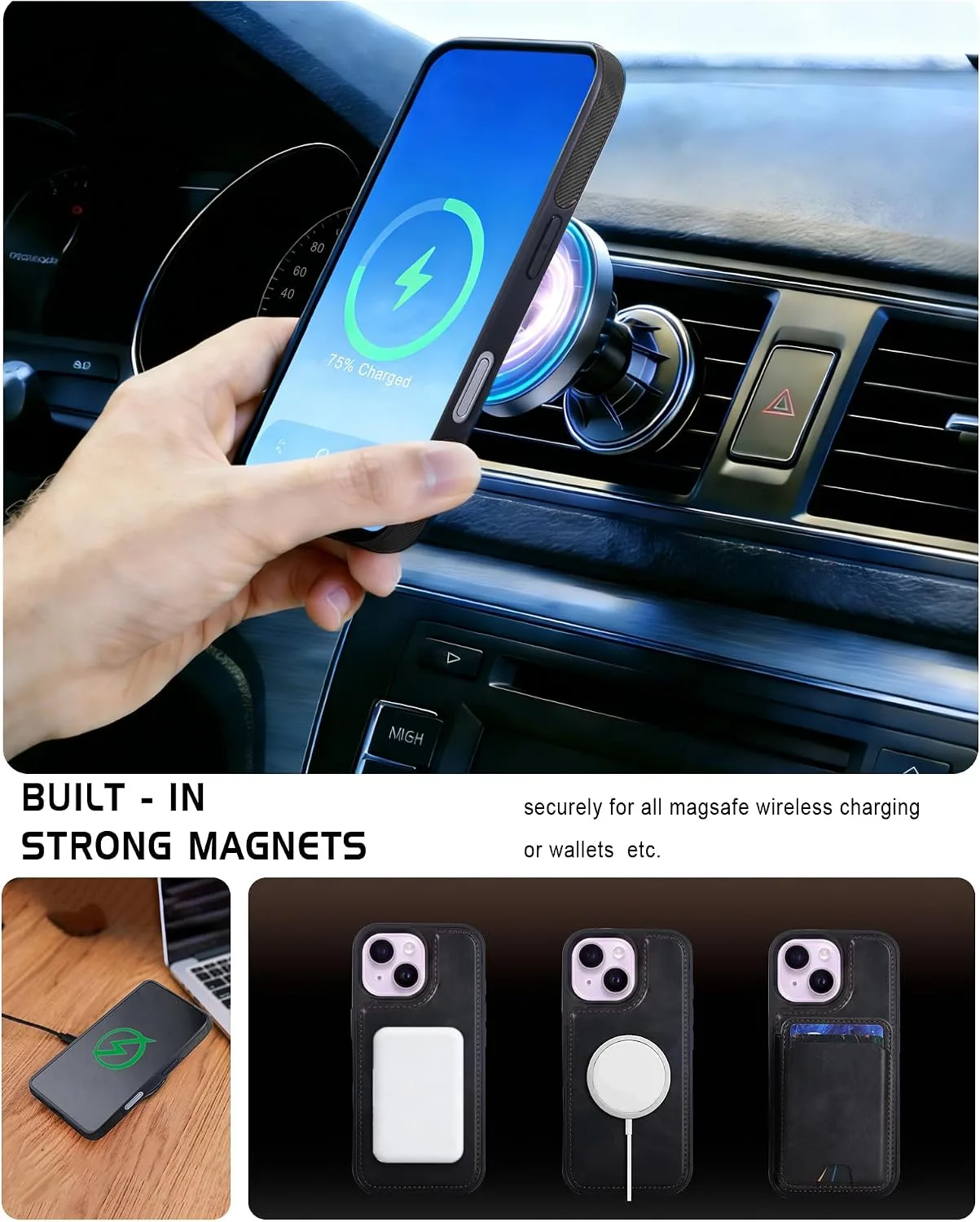 Magnetic Detachable Wallet Case for iPhone 15 with Kickstand,2-in-1 MagSafe Compatible RFID Blocking Card Holder,Slim PU Leather Cover Black