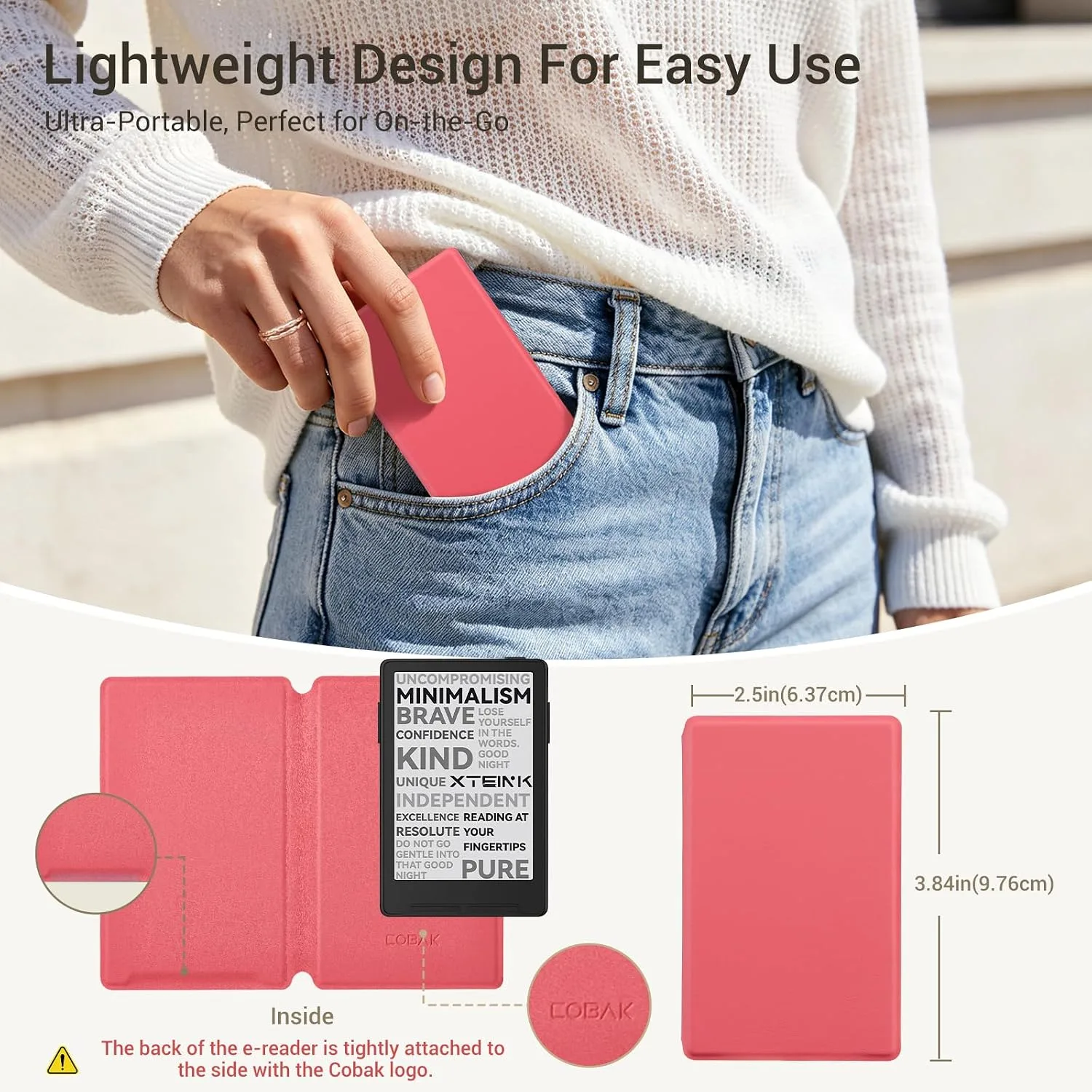 CoBak Magnetic Case for XTEINK X3 eBook Reader, 3.7" Ultra-Lightweight PU Leather Cover(Rose Red)
