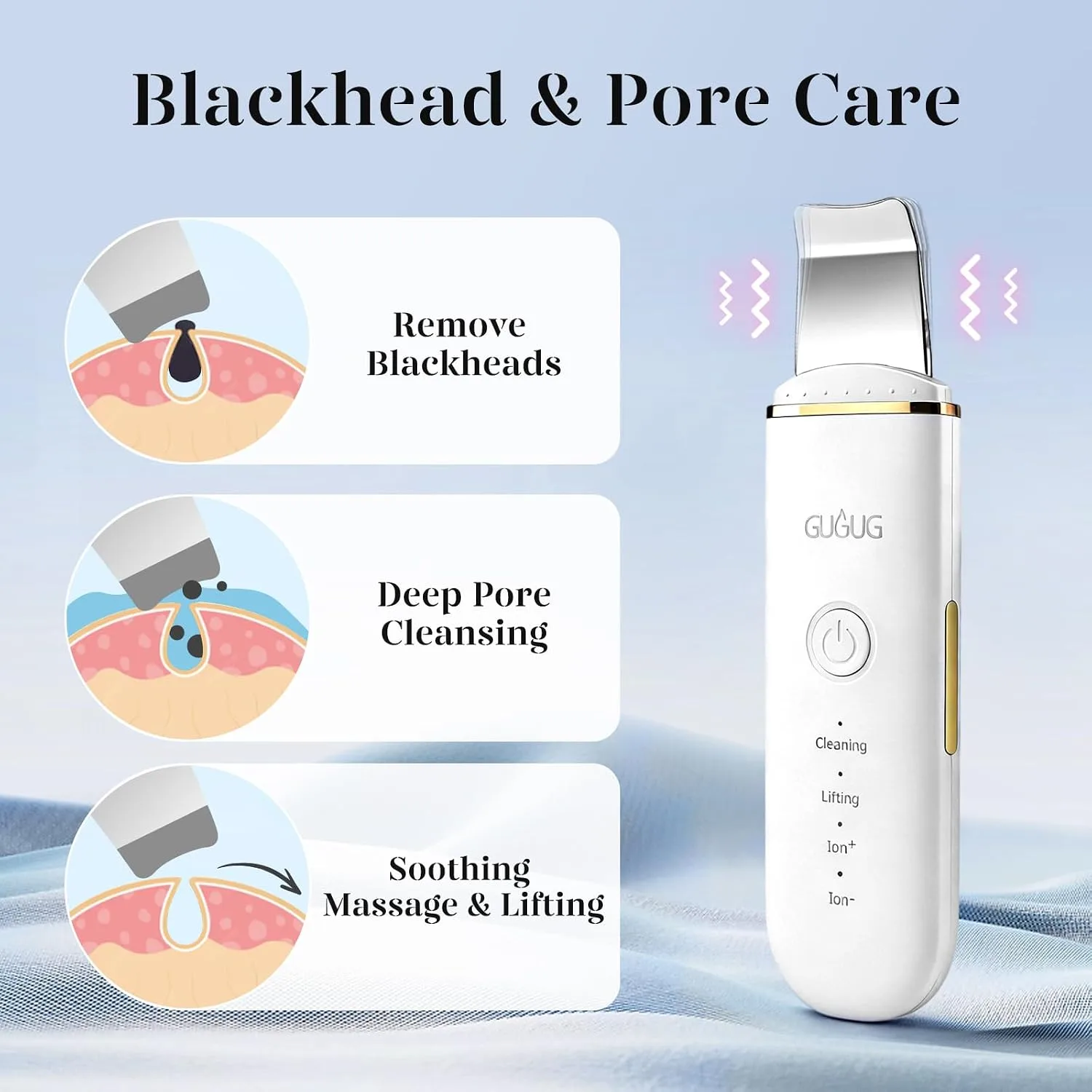 GUGUG Skin Scrubber Spatula Pore Cleaner Blackhead Remover,4 Modes,White