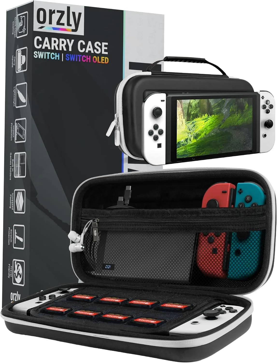 Estuche Orzly para Nintendo Switch OLED con compartimentos para accesorios y juegos Negro