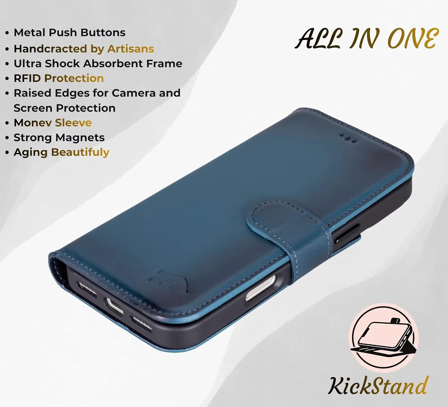 VENOULT Wallet Case for iPhone, Full Grain Genuine Turkish Leather, Magnetic Detachable, RFID 4 Card Slots, Business Style, Compatible with MagSafe (Admiral Blue, iPhone 17 Pro)