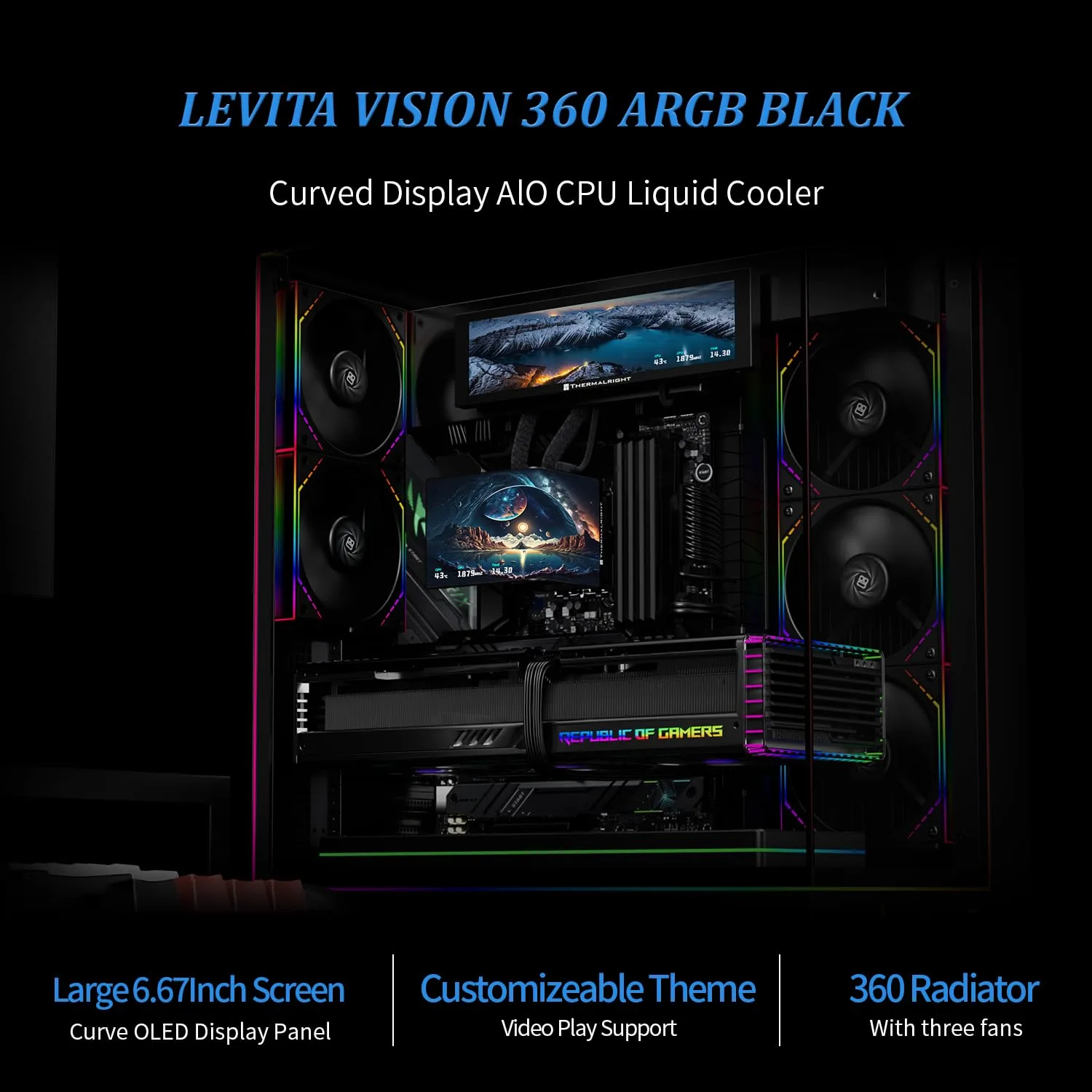 Thermalright Levita Vision 360 ARGB Black CPU Water Cooler, 6.67-in Magnetic Curved Screen with 2400x1080 Resolution, Building Block Splicing Fan-2000RPM, Compatible with AM4/AM5, Intel LGA1700/1851