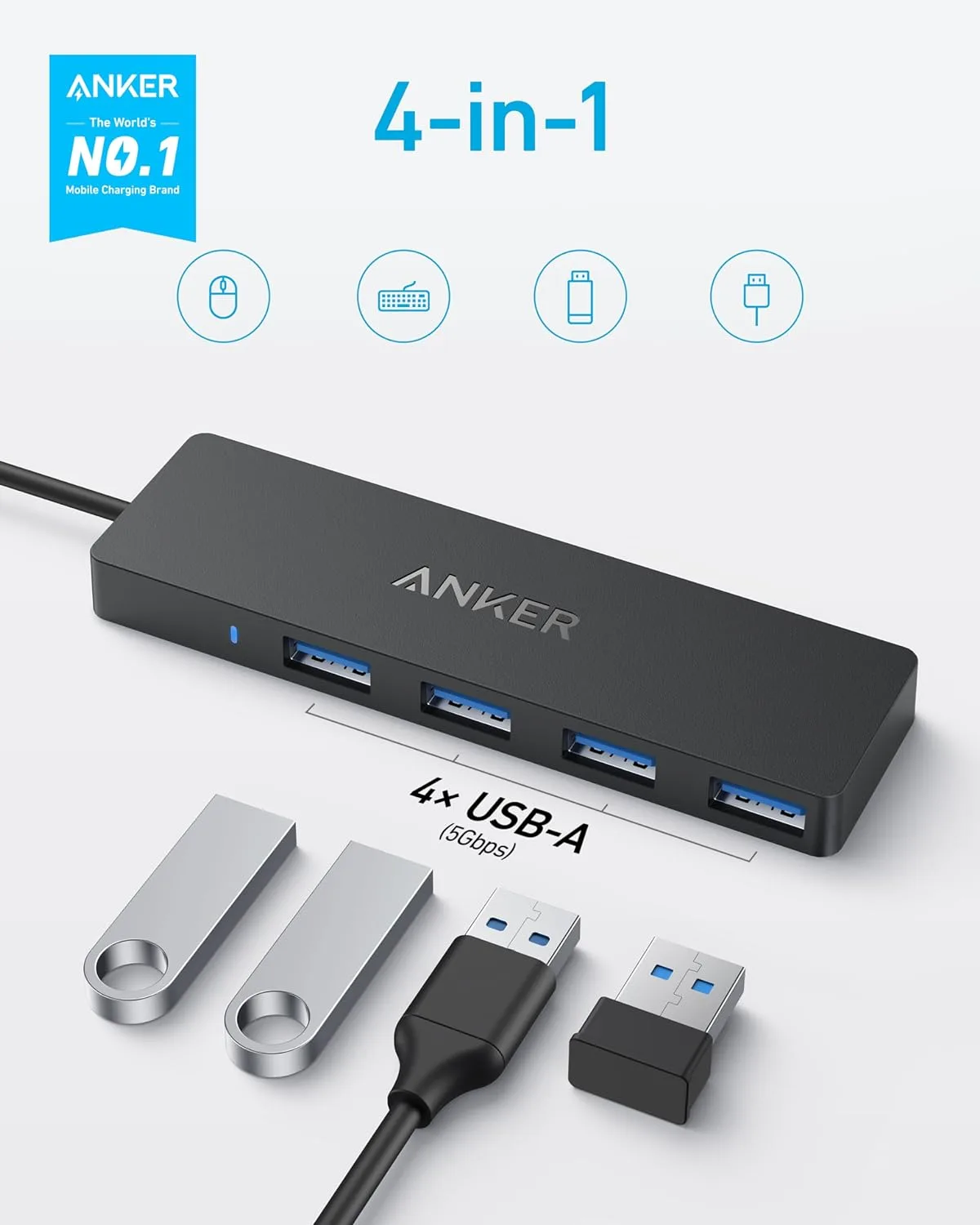Anker 4-Port USB 3.0 Hub with 5Gbps Data Transfer, Ultra-Slim USB-C Connector Hub, for MacBook, iMac, Surface, Mobile HDD, and More (2 ft USB-C Connector, Charging Not Supported) (Pack of 2)