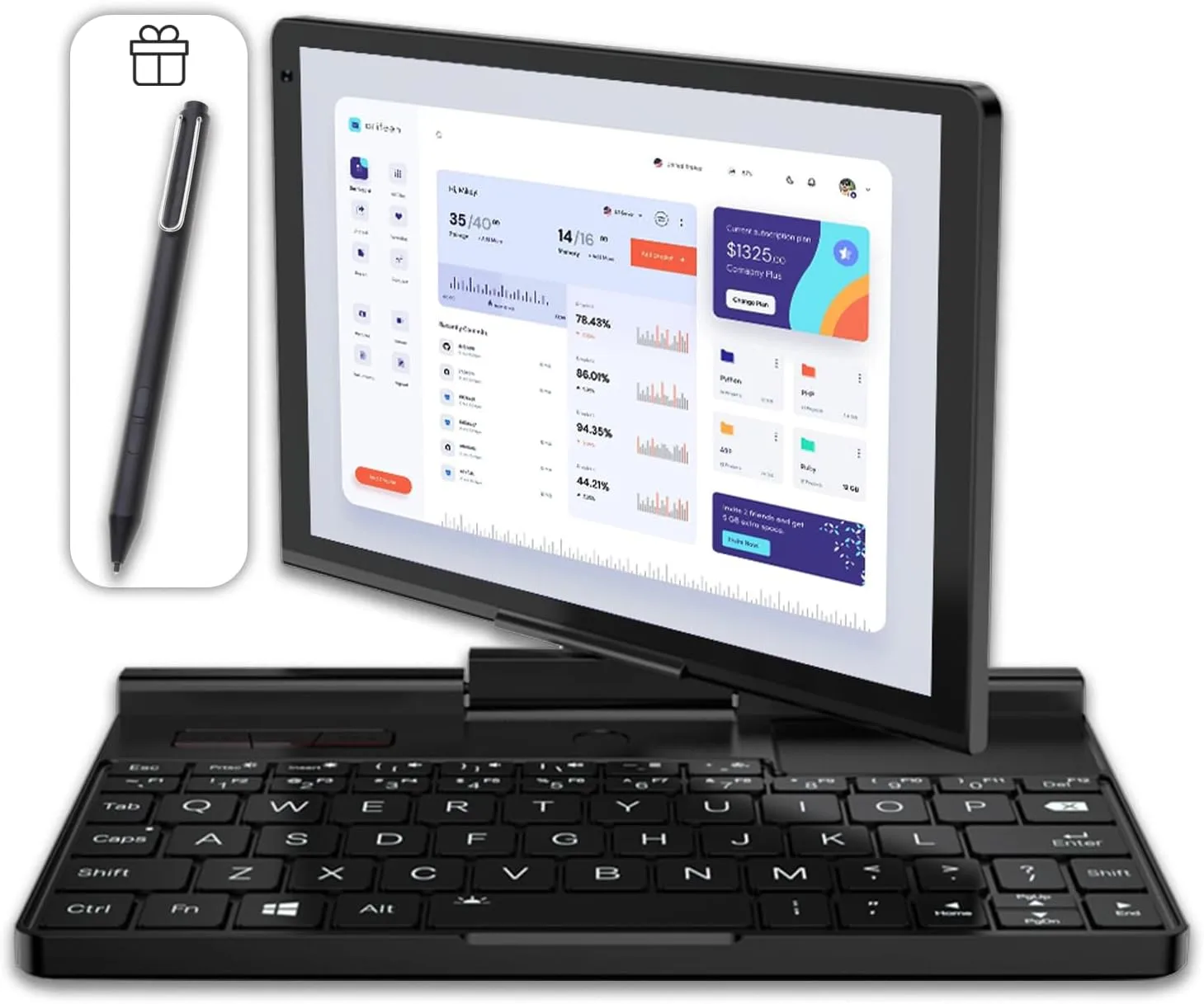 GPD Pocket 3 Mini Laptop with Included Stylus, Gold 7505 CPU, 16GB LPDDR4x RAM, 512GB NVMe SSD, 1920x1200p Touch Screen; Windows 11, Wi-Fi 6E, Bluetooth 5.3, Modular Handheld PC