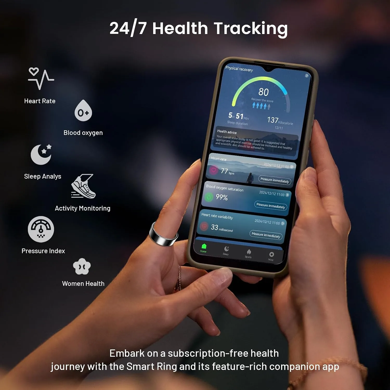 Mirlray Smart Ring for Women & Men, Smart Ring Health Tracker, Blood Oxygen & Heart Rate Monitor, Long Lasting Battery Sleep Ring, Waterproof Fitness Ring (R02C, Rose Gold, 7)
