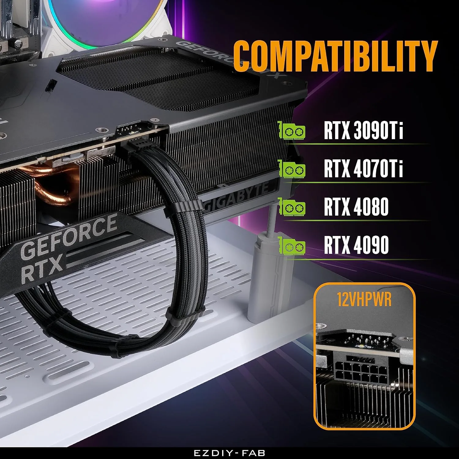 EZDIY-FAB 16pin (12+4) 12VHPWR PCIe 5.0 GPU Power Sleeved Cable Extension, Male to Female, Compatible with RTX 5080, 5070, 4090, 4080, 4070,16AWG with Cable Combs-Black Grey