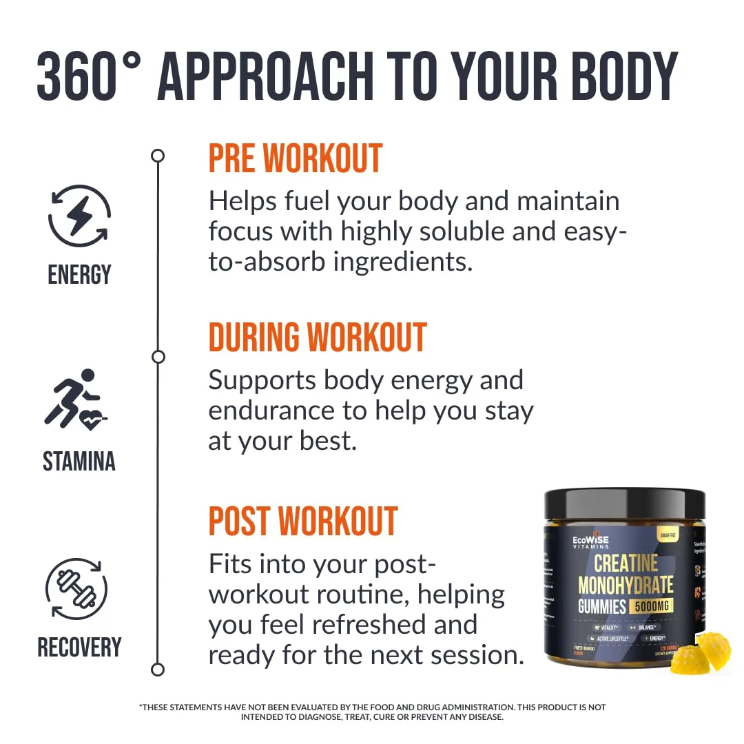 ECOWISE VITAMINS Creatine Monohydrate Gummies 5000 mg per Serving, Mango Flavor, with Turmeric Root & Black Pepper, Sugar Free, Vegan Creatine Gummies, 120 Gummies, 30 Servings